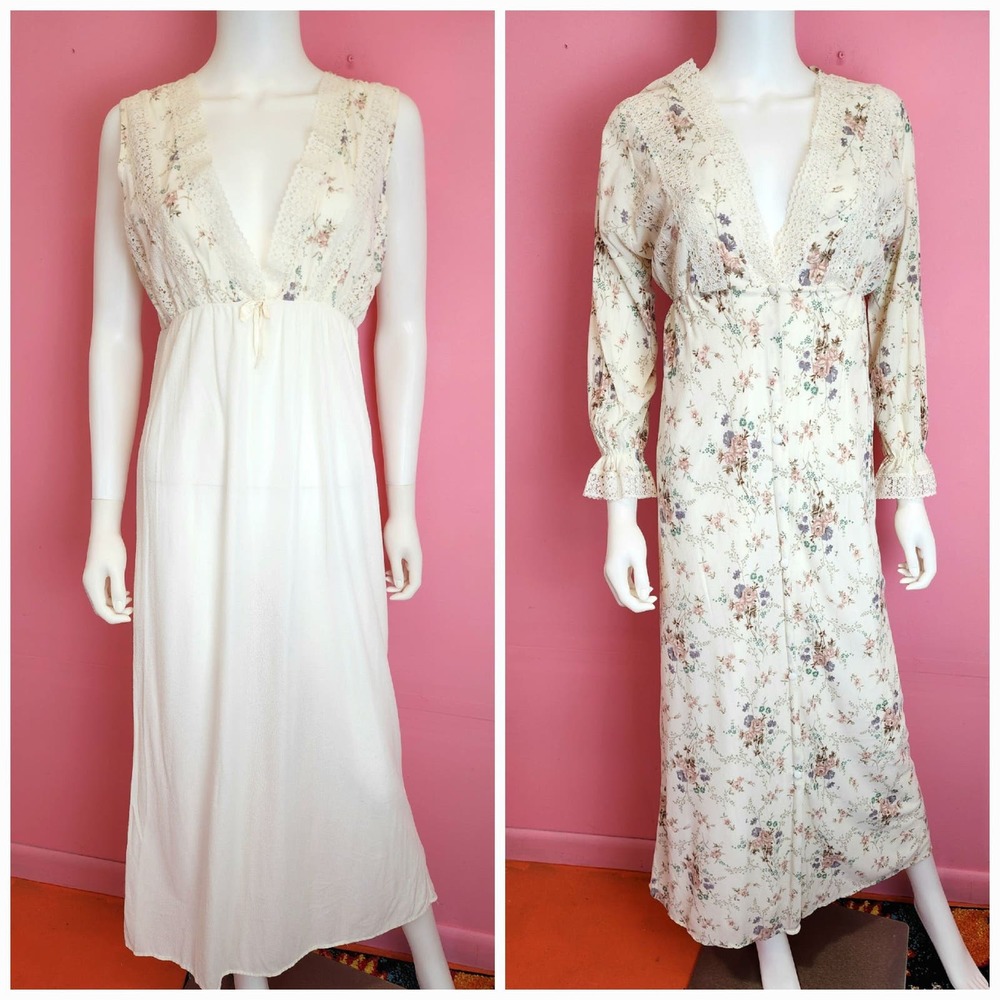 Vintage 1970's Floral & Lace Cottagecore 2 Piece Peignoir | Night Gown & Robe